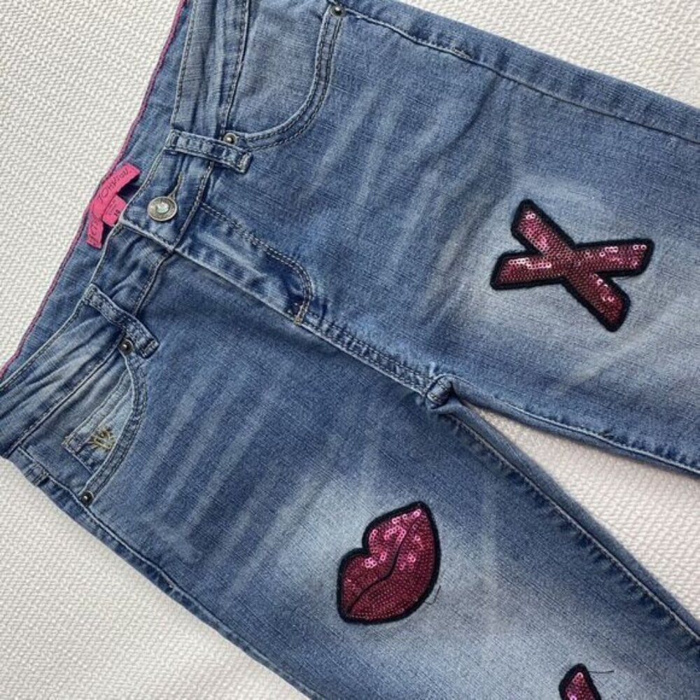 Betsey Johnson Girls 14 XOXO Sequin Embellished‎ Patched Distressed Light Jeans